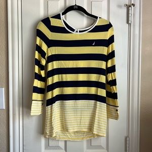 Navy blue and yellow striped long sleeve Nautica shirt